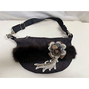 Spirited Style Womens Hobo Clutch Shoulder Bag Black Suede Embroidered Flower
